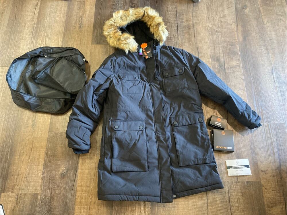 Size Large | Women's Ororo Heated Parka Jacket | Black Coat | Faux Fur Hood